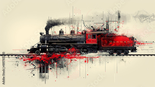 Abstract Railway Workers Day Poster Design with Steam Engine and Splattered Red Elements