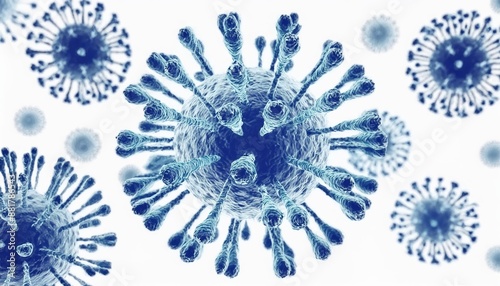 Microscopic enlargement of blue virus - respitory virus outbreak - floating cells in body - virus shaped as covid, influenza, sars, corona, hiv, mers, cholera, variola, measles - disease organisms