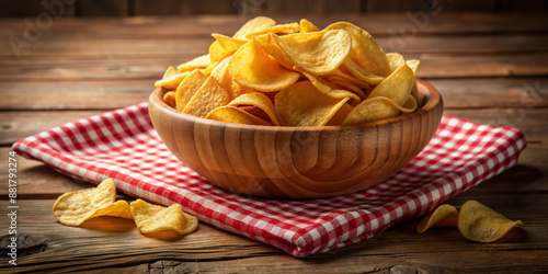 Crunchy golden potato chips overflowing from a rustic wooden bowl on a vintage wooden table with a red and white checkered cloth background.