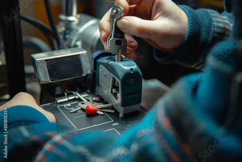 Locksmith cutting car key with his machine One man, locksmith cutting car key with his machine in workshop