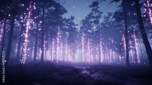 Mystical forest at twilight with glowing trees and enchanting atmosphere, creating a fantastical and serene night scene.