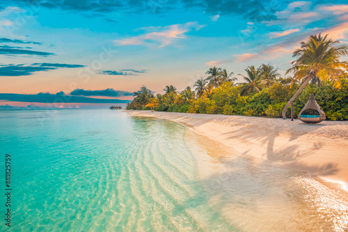 Tranquil closeup calm sea water waves with palm trees. Beautiful sunrise sunset sunlight. Tropical island beach landscape exotic shore coast. Summer vacation, holiday amazing nature. Relax paradise