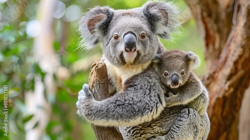 A koala mom carrying her joey on her back.