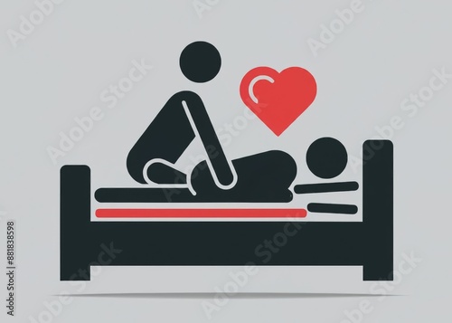 Sexual intercouse - couple is having sex in bed. Ban and prohibition of sexual activity because of rejection and refusal, asexuality, celibacy and abstinence. Simple illustration and pictograms