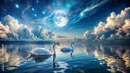 Serenene nighttime seascape with majestic swans gliding on calm waters under a moonlit sky filled with puffy clouds and twinkling stars.