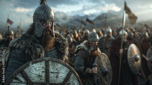 Viking warrior in ornate helmet leads army into battle. Bearded commander with shield stands before troops wielding spears and flags against mountainous backdrop. Historical wallpaper.