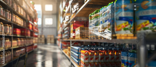 A well-stocked warehouse aisle filled with various canned goods and other products under bright lighting in an organized layout.