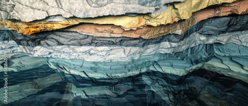 A vivid, abstract depiction of geological rock layers, revealing intricate textures and colors that highlight the earth's natural beauty and complexity.