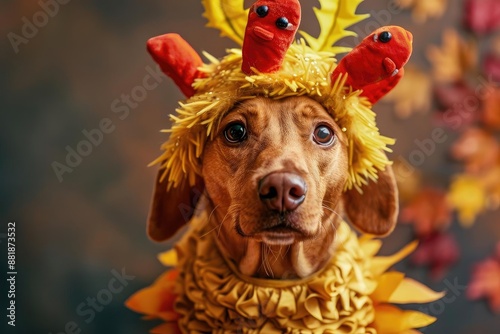 Adorable dog in festive Thanksgiving turkey costume with colorful feathers and a curious expression, perfect for seasonal celebrations.