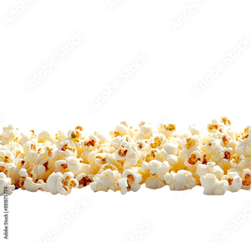 Popcorn poured out in horizontal line, isolated on Transparent background. 