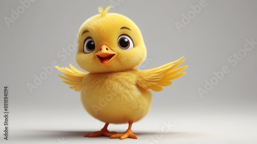 Cute yellow chick with big eyes and wings spread out.