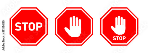 STOP sign set. Red stop roadsign. 