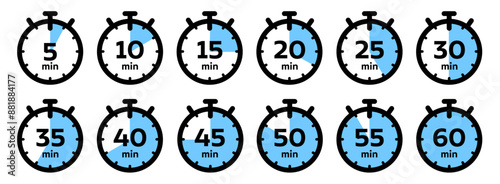 5, 10, 15, 20, 25, 30, 35, 40, 45, 50, 55, 60 minutes Timer and clock icons set