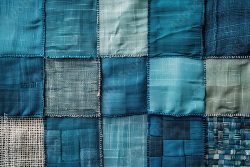 A patchwork quilt made of blue and green fabric. The quilt is made up of many different pieces of fabric, each with its own unique pattern and color. The overall effect is a vibrant