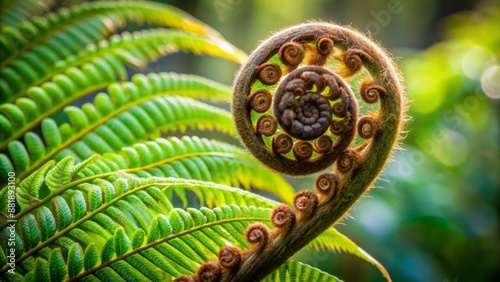 Delicate unfurling fern frond with intricate koru patterns, symbolizing new life and growth, set against a lush green forest background.