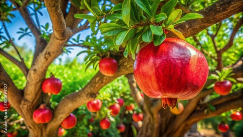 Ripe juicy red fruit hangs from gnarled branches of majestic tree with rough brown trunk and vibrant green leaves backdrop.