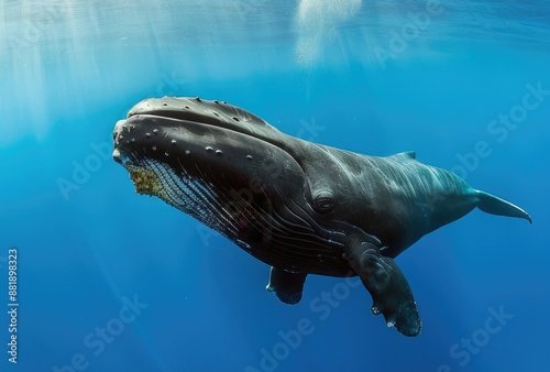 Humpback whale swimming in deep blue water