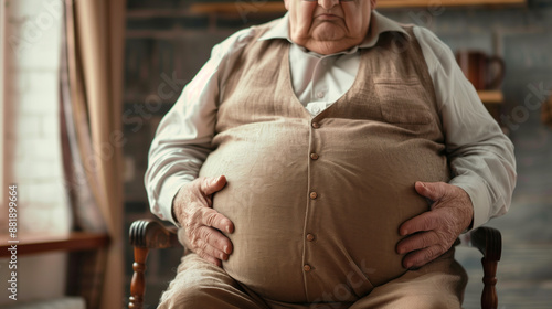 An elderly person with visible excessive belching trying to deal with a belly situation. Her facial expressions and gestures may express physical discomfort.