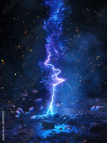 A powerful lightning bolt illuminates the dark blue sky, creating a dramatic and intense atmosphere