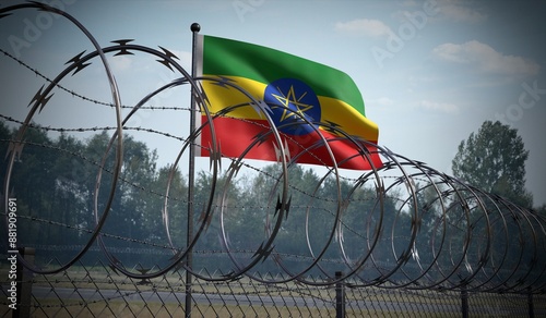 Barbed wire fence and flag of Ethiopia - 3d illustration