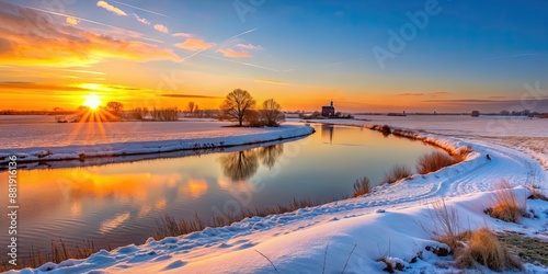 Winter sunset over Dollart near Emden, East Frisia, Lower Saxony, Germany , winter, sunset, Dollart, Emden