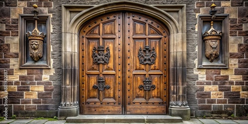 Towering dark oak castle door with noble house crests, symbolizing past glory and splendor, castle, entrance, main hall