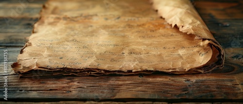 Ancient manuscript scroll on a rustic wooden table, showcasing aged parchment with legible text and vintage, historical feel.