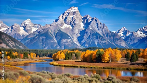 Grand Teton ( 13770ft 4197m) seen from near Oxbow Bend. Grand Teton National Park Wyoming.