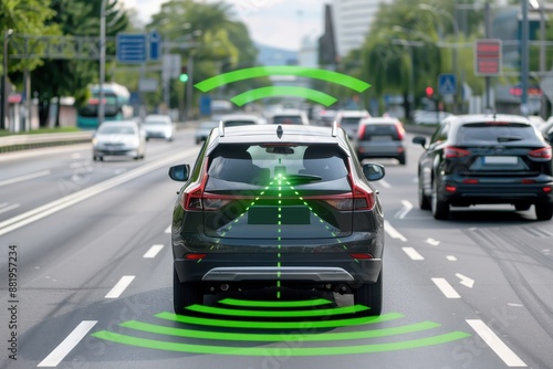 An autonomous car on a city street with active safety sensors, illustrating advanced driver assistance systems and self-driving technology.