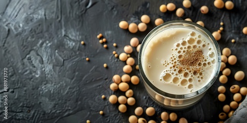 Glass of soy milk on gray background with soybeans vegetarian healthy food. Concept Healthy Eating, Vegetarian lifestyle, Plant-based Diet, Soy Products, Gray Background