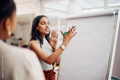 Woman, mentor and whiteboard in office for training, teaching and learning for skill or career development. People, employee and coach or leader at workshop with internship program and motivation