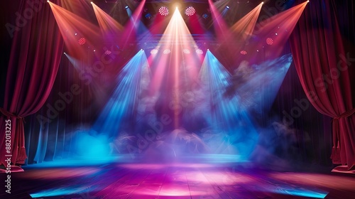 Theater stage with intense spotlight, vivid colored backdrop, perfect for representing entertainment shows and performance venues