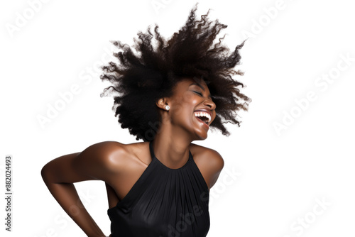 Joyful black woman dancing, expressing happiness Isolated on white background