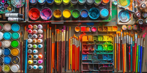 Collection of art supplies like paints, brushes, and markers on a craft table