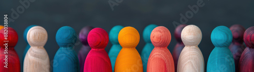 Colorful wooden figurines standing in a row against a dark background, representing diversity and unity in a minimalist style.