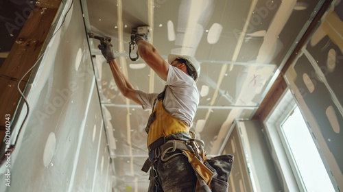 Close up shot of a worker attaching drywall to a ceiling