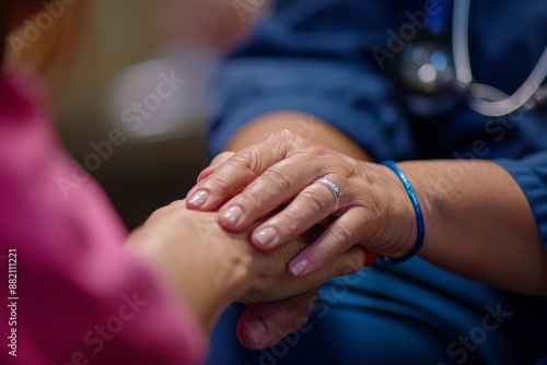 In close-up, a doctor holds hands with an elderly woman suffering from cancer. The doctor is interfering with her care and offering her support and empathy. A female caregiver or nurse holds the hand