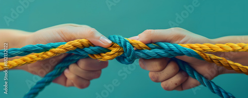 Close-up of hands pulling two colored ropes symbolizing conflict and decided knot in one color Conflict Resolution Concept