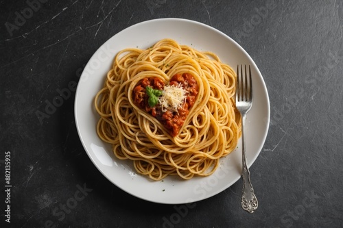 Swirls of cooked spaghetti with fork. Spaghetti heart shape.