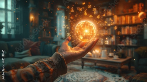 Hand Holding an Invisible Mastercard with Glowing Portal to Online Shops, Euro Symbols Floating in Cozy Home Environment