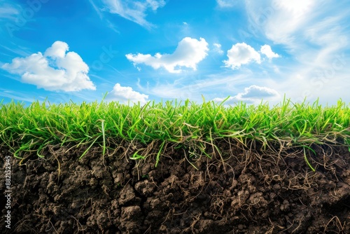 Soil Grass. Cross Section of Grass Turf on Earth with Sky Background