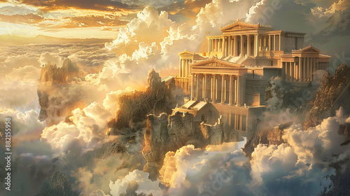 Mount Olympus, the magnificent house of the greek gods, surrounded by clouds