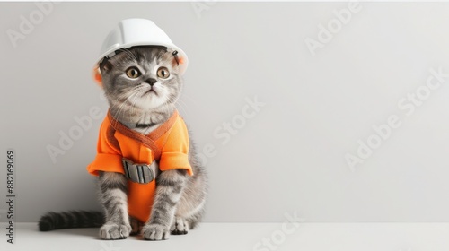 A gray tabby cat wearing a construction worker's outfit, complete with a hard hat and tool belt, against a plain white background