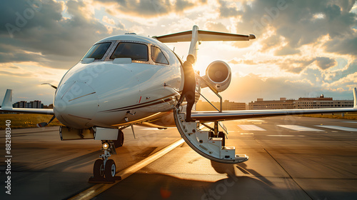 Private jet aircraft parked on runway at sunset, showcasing luxury travel and aviation against a dramatic sky backdrop.