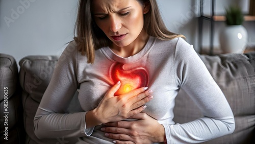 Gastroesophageal reflux disease (GERD) or acid reflux symptoms. Woman suffering from heartburn, stomachache, nausea and bloating. Gastrointestinal system disease and digestive problems.