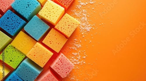 Colorful sponges on orange backdrop for dishwashing with text area