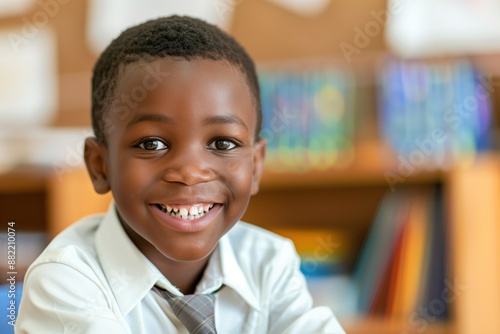 African American seven year old boy wears classy school uniform, sits at desk in classroom surrounded by books. Boy smiles at camera with formal gray tie, elegant learning environment.