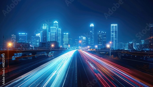 Road light in city, night megapolis highway lights of cityscape , megacity traffic with highway road motion lights, long exposure photography. Generated AI