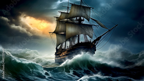 Sail ship braving the waves of a wild stormy sea at night