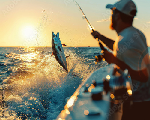 Point of view of a big fishing rod with a luxury reel and a big fish jumping in the air